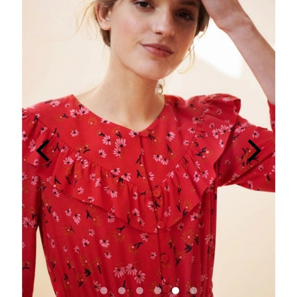 Tara Jarmon Red Midi Dress Women’s Long Sleeve Ruffled Button Front Floral 36 - Picture 3 of 10